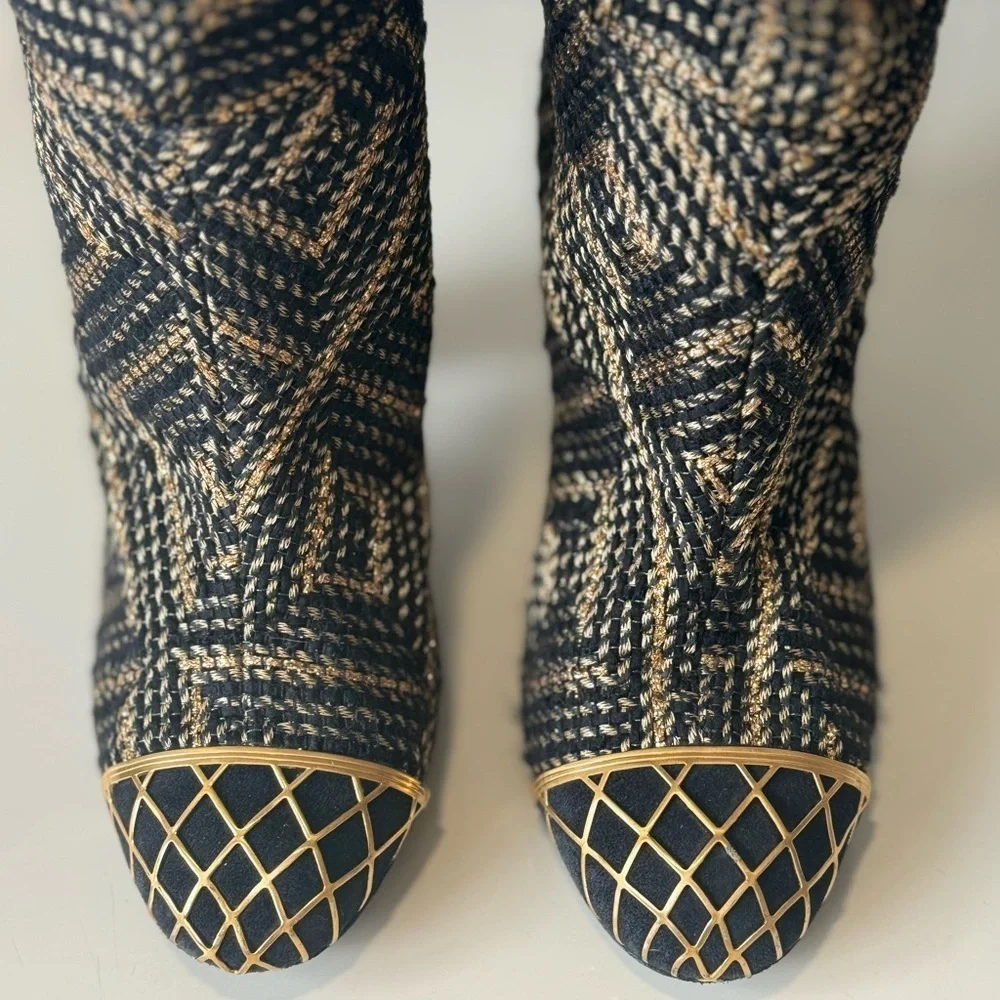 CHANEL Runway Byzantine Tweed Gold Cage High Boots 37 Pre fall 2012